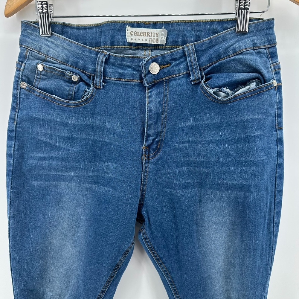 Celebrity‎ ACE Bootcut Jeans Womens 13/31 Blue Denim Whisker Distressed Stretch